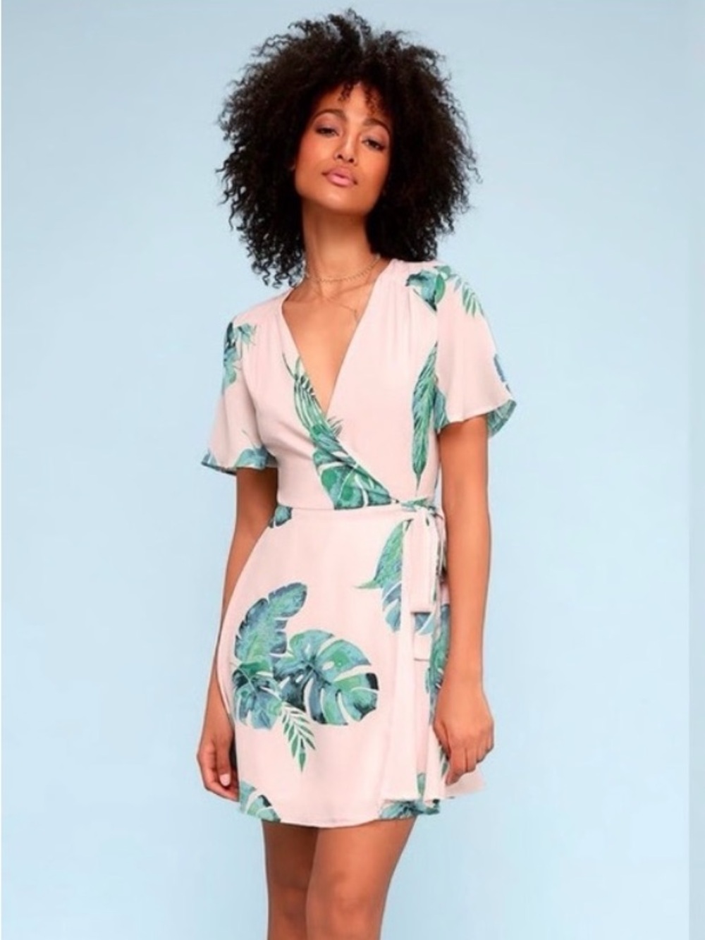 Lulus Villa Marie Blush Pink Leaf Print Short Sleeve Wrap Dress